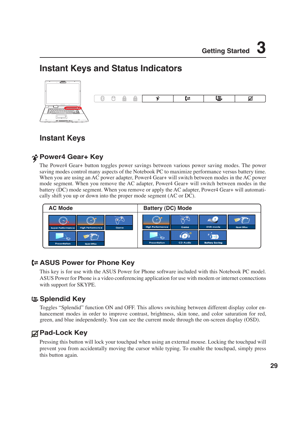 Instant keys and status indicators, Instant keys | Asus E2643 User Manual | Page 29 / 74