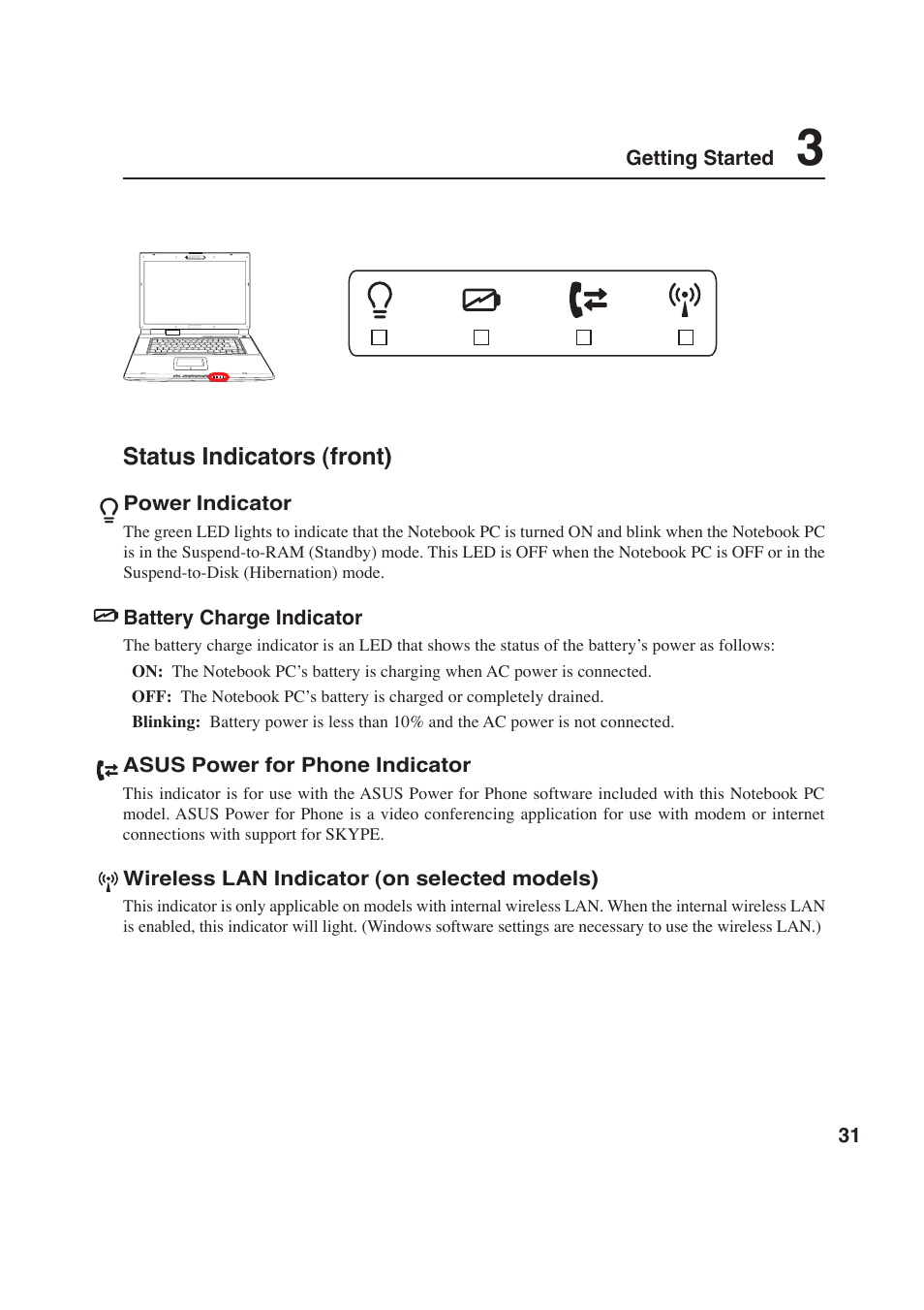 Status indicators (front) | Asus E2643 User Manual | Page 31 / 74