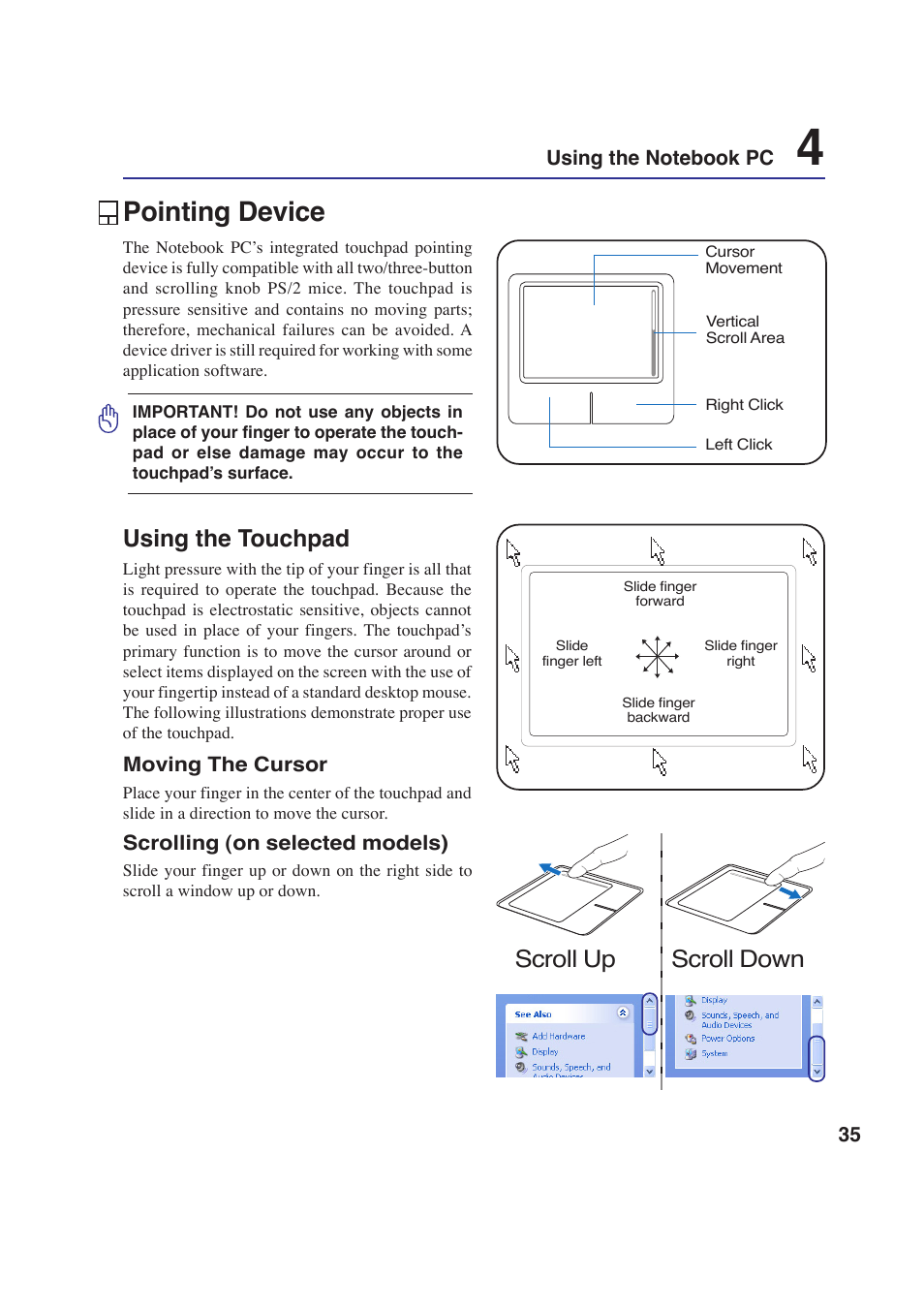 Pointing device, Using the touchpad, Scroll down scroll up | Asus E2643 User Manual | Page 35 / 74