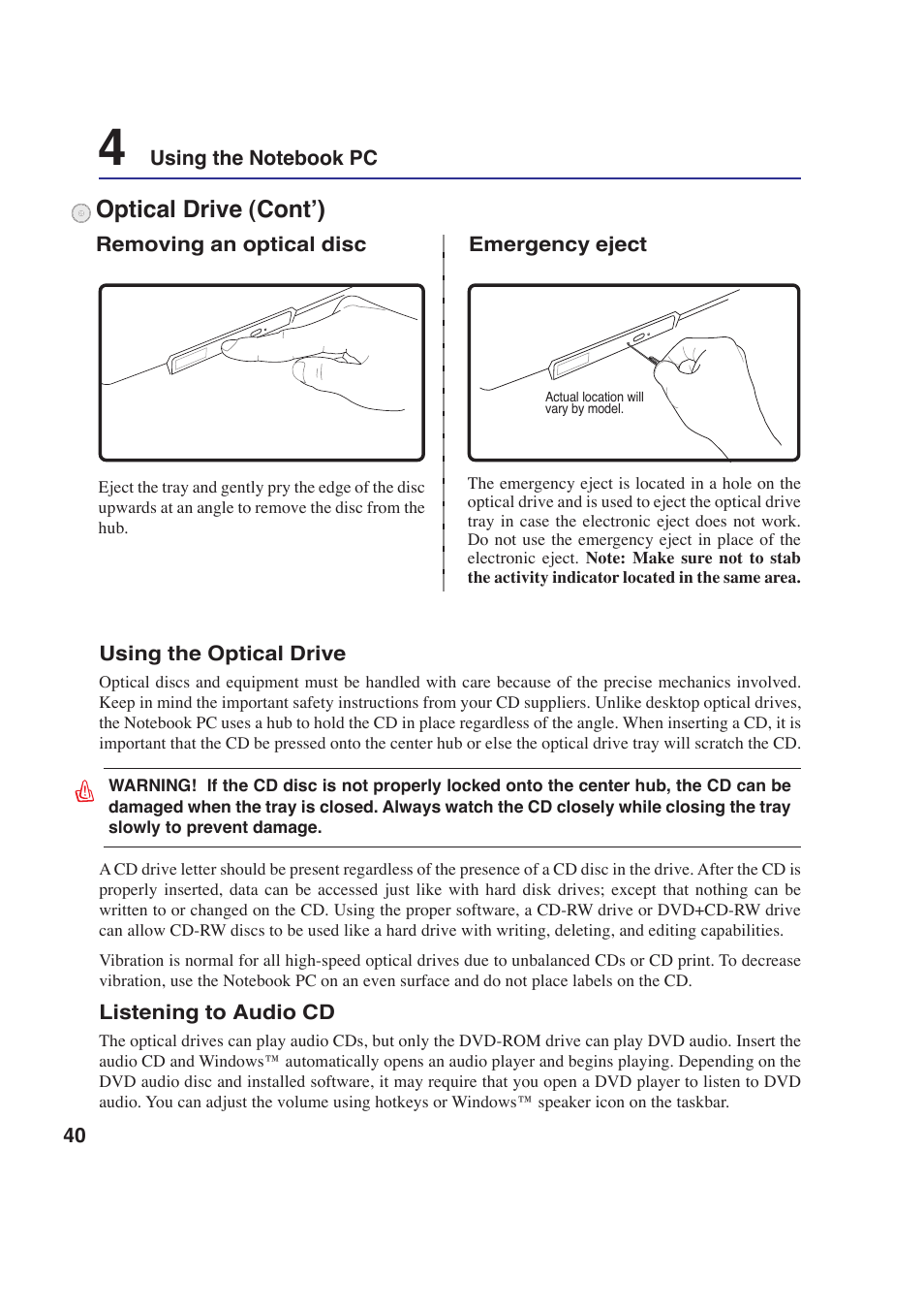 Optical drive (cont’) | Asus E2643 User Manual | Page 40 / 74
