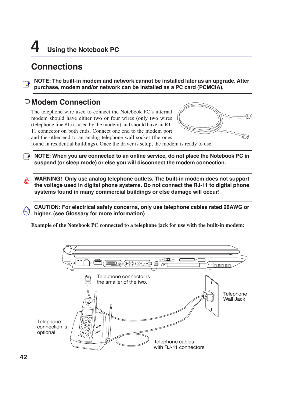 Connections, Modem connection | Asus E2643 User Manual | Page 42 / 74