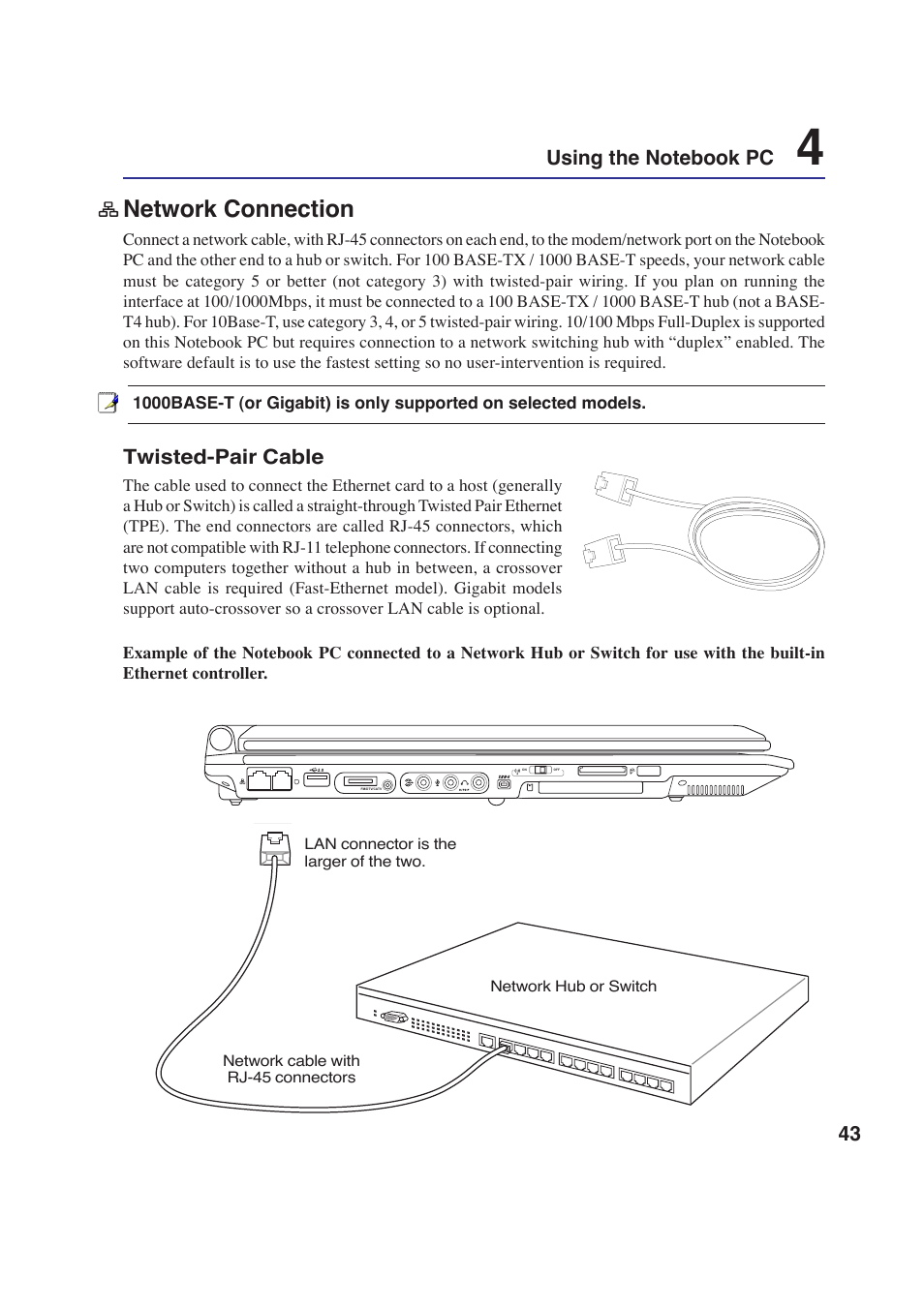 Network connection, Twisted-pair cable | Asus E2643 User Manual | Page 43 / 74