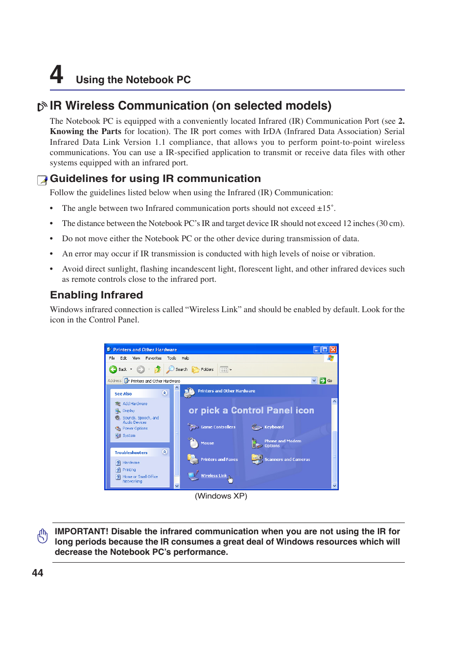 Ir wireless communication (on selected models) | Asus E2643 User Manual | Page 44 / 74
