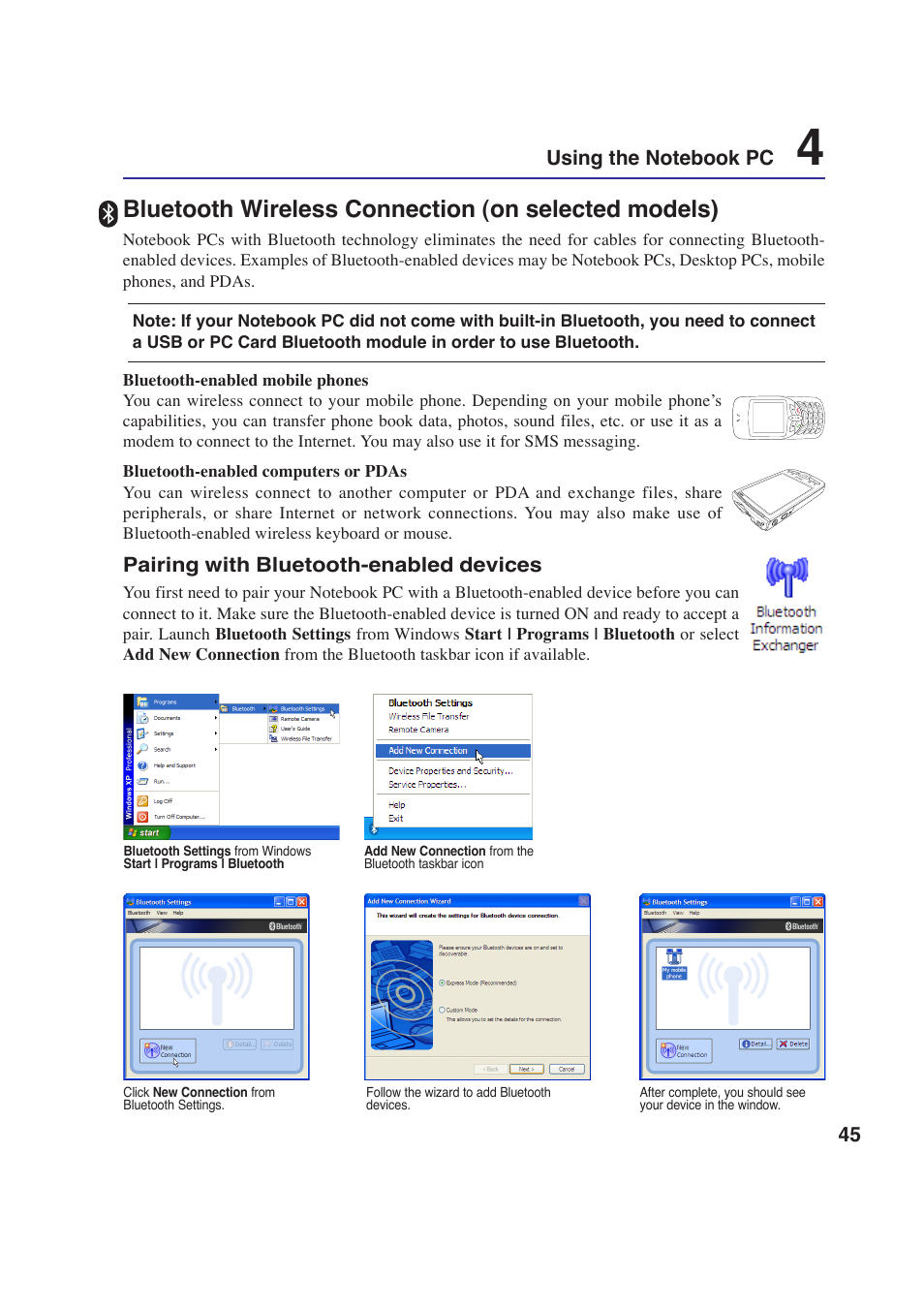 Bluetooth wireless connection (on selected models), Pairing with bluetooth-enabled devices | Asus E2643 User Manual | Page 45 / 74