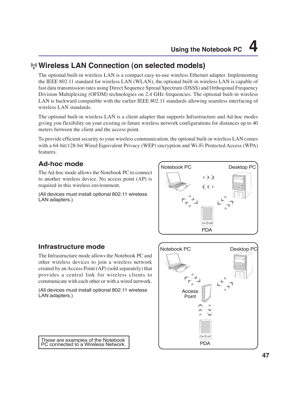 Wireless lan connection (on selected models) | Asus E2643 User Manual | Page 47 / 74