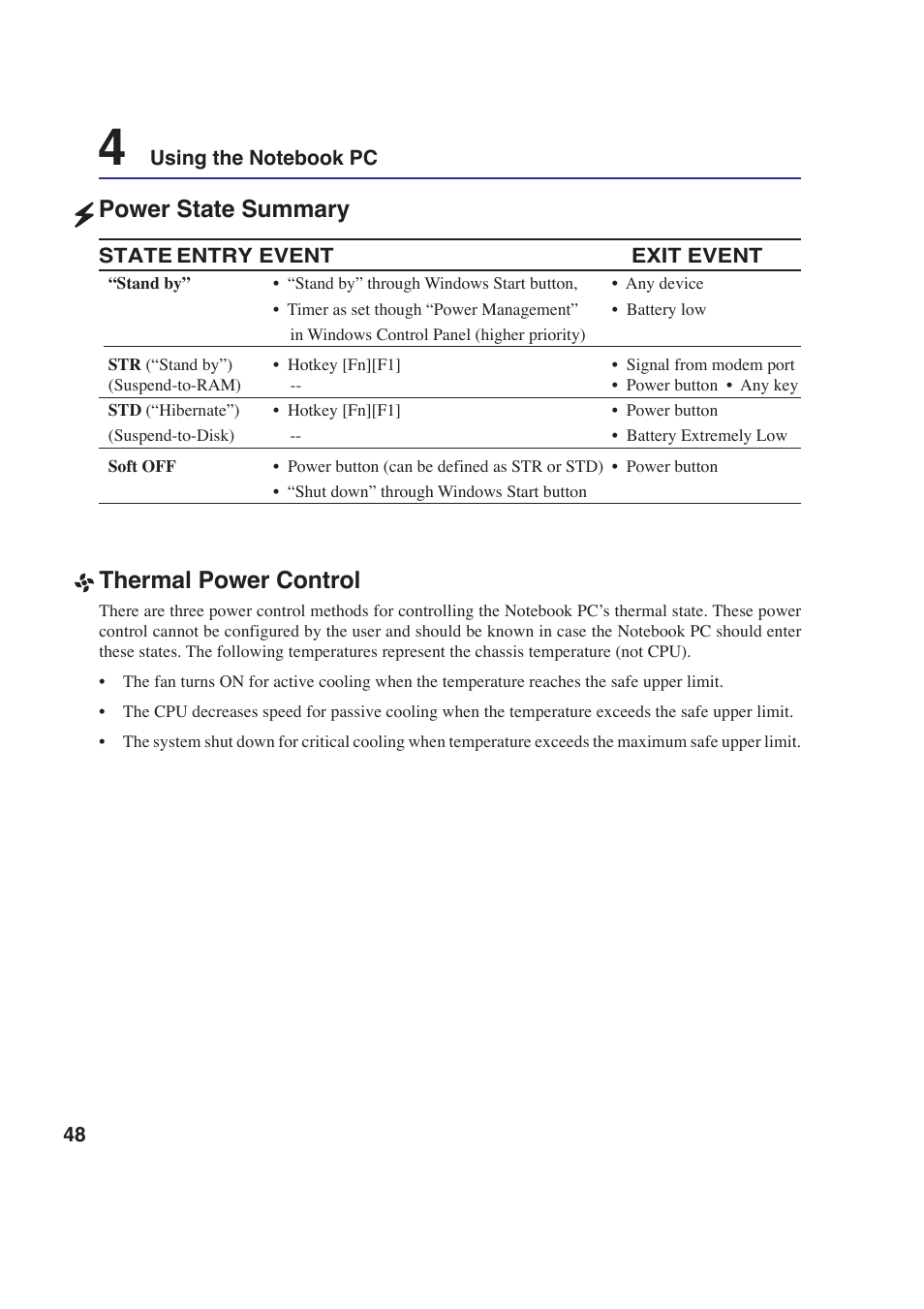 Power state summary, Thermal power control | Asus E2643 User Manual | Page 48 / 74