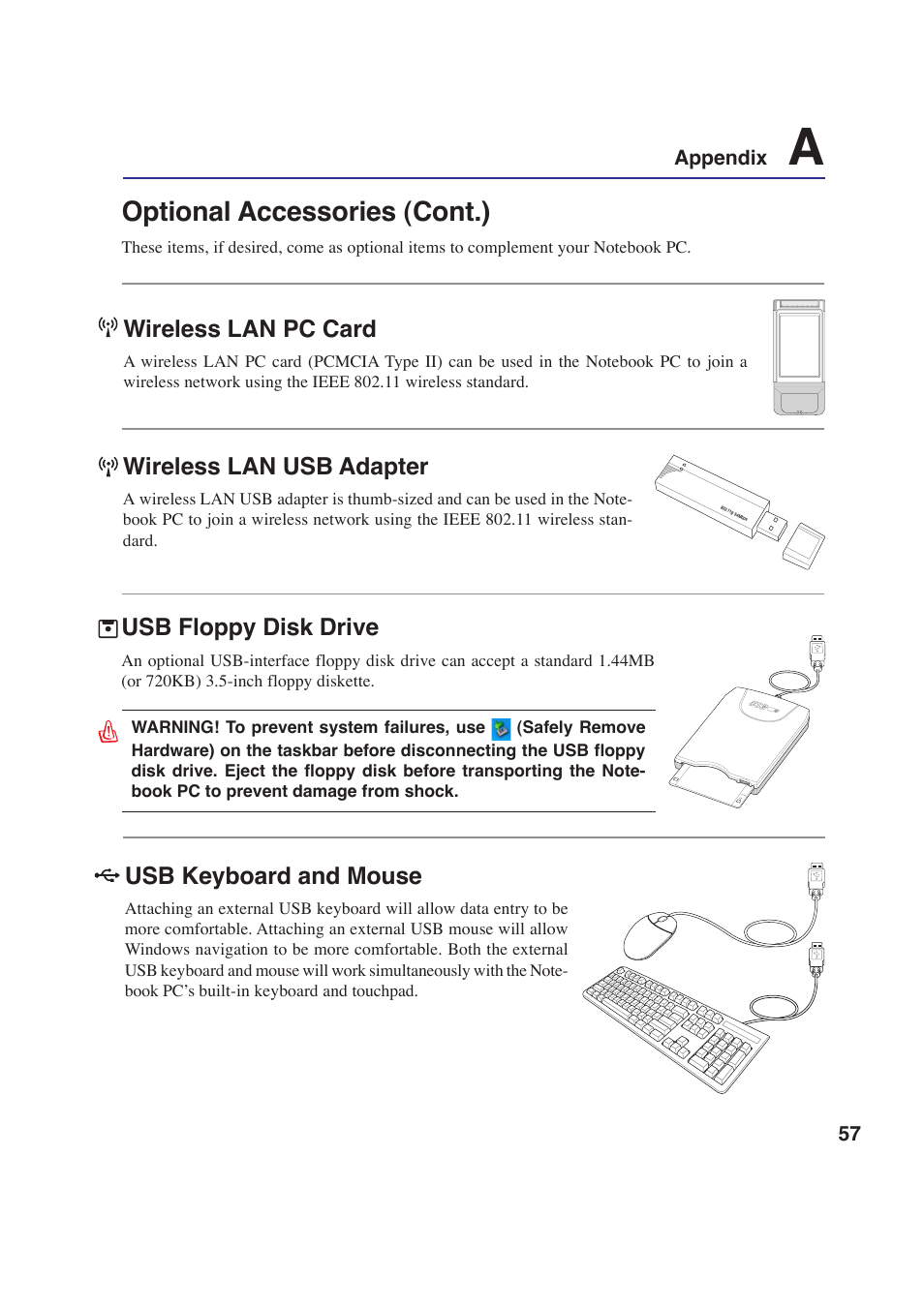 Optional accessories (cont.), Wireless lan pc card, Wireless lan usb adapter | Usb floppy disk drive, Usb keyboard and mouse | Asus E2643 User Manual | Page 57 / 74