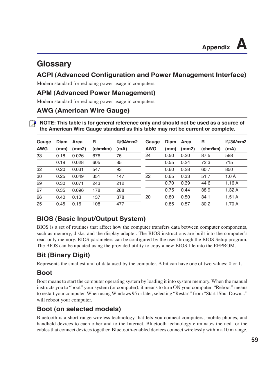 Glossary, 59 appendix, Apm (advanced power management) | Awg (american wire gauge), Bios (basic input/output system), Bit (binary digit), Boot, Boot (on selected models) | Asus E2643 User Manual | Page 59 / 74