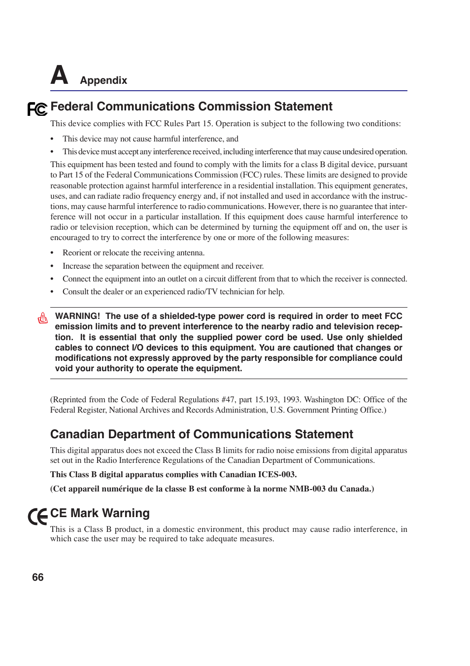 Canadian department of communications statement, Ce mark warning, Federal communications commission statement | Asus E2643 User Manual | Page 66 / 74