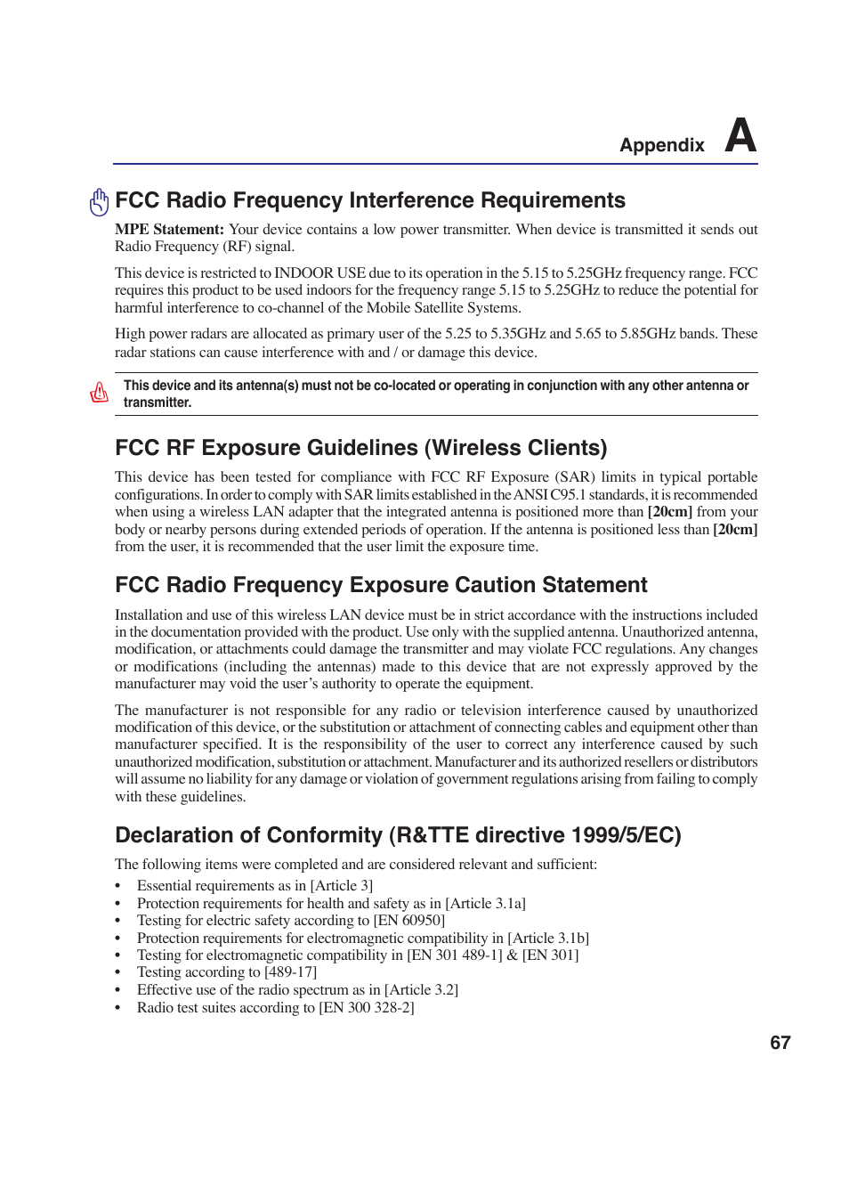 Fcc radio frequency interference requirements, Fcc rf exposure guidelines (wireless clients), Fcc radio frequency exposure caution statement | Asus E2643 User Manual | Page 67 / 74
