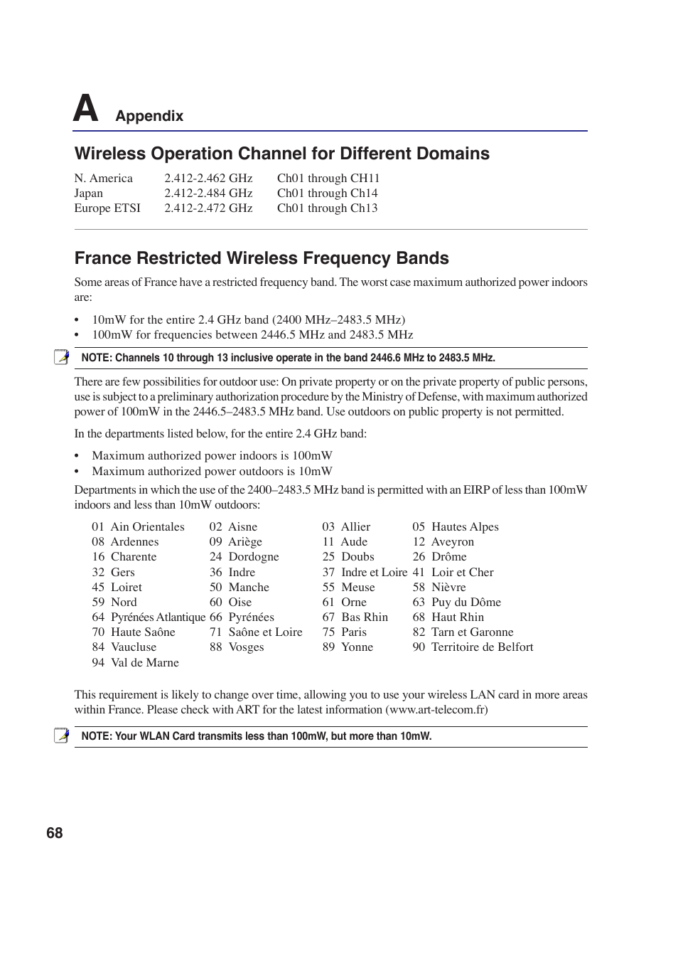 France restricted wireless frequency bands, Wireless operation channel for different domains | Asus E2643 User Manual | Page 68 / 74