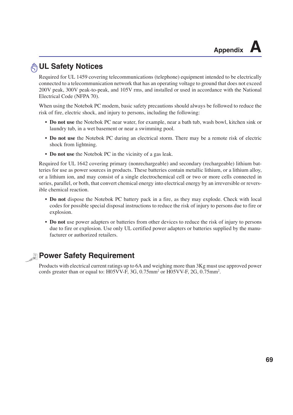 Ul safety notices, Power safety requirement | Asus E2643 User Manual | Page 69 / 74