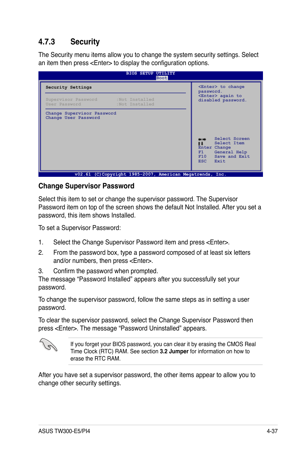 3 security, Security -37, Change supervisor password | Asus TW300-E5/PI4 User Manual | Page 105 / 174