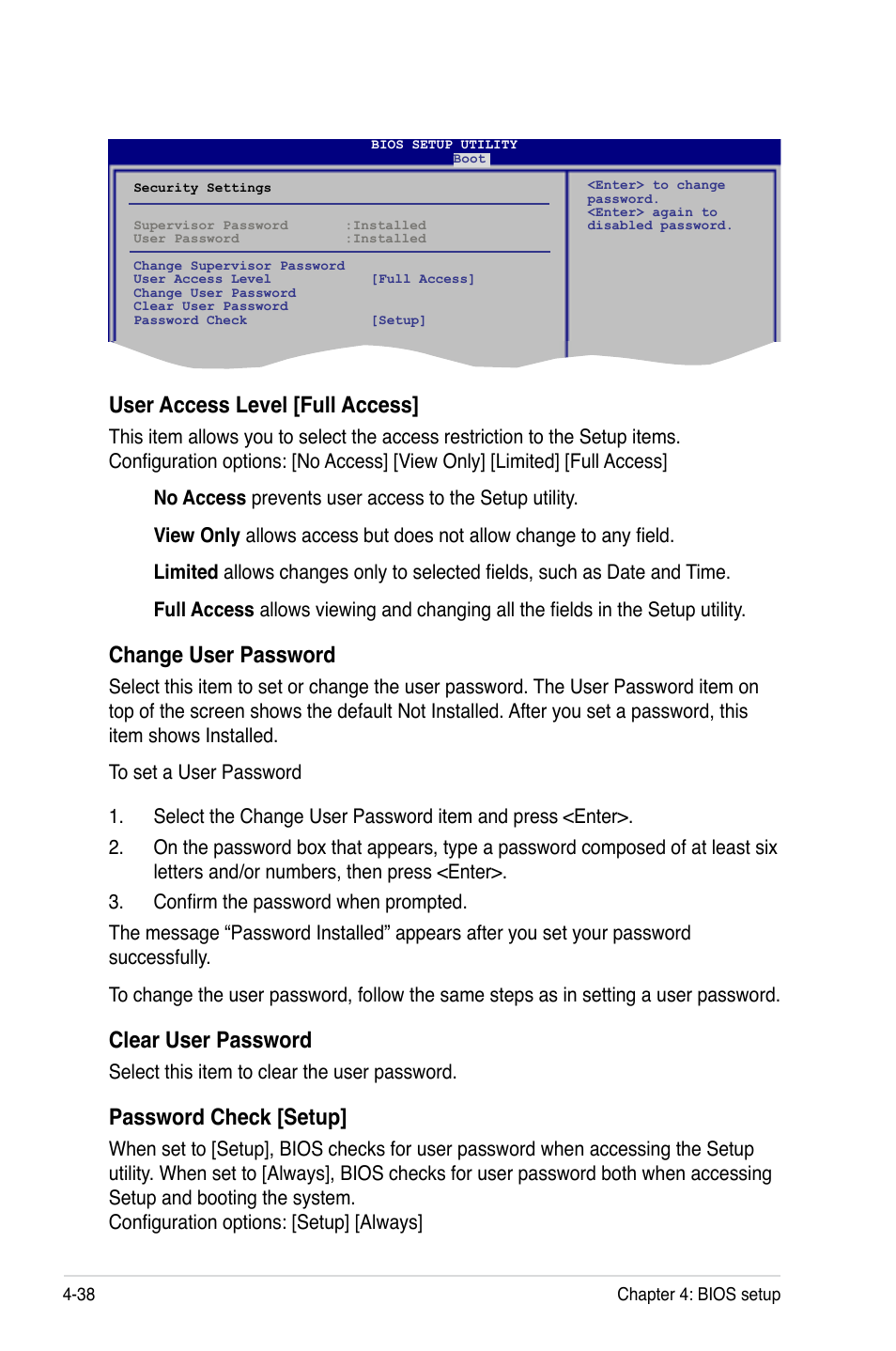 User access level [full access, Change user password, Clear user password | Password check [setup | Asus TW300-E5/PI4 User Manual | Page 106 / 174