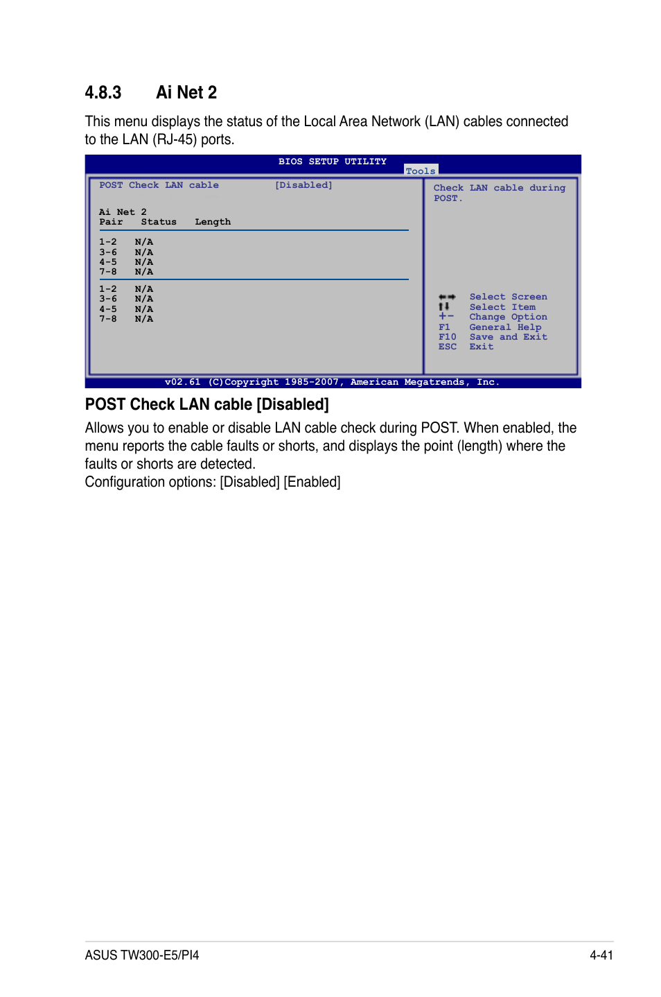 3 ai net 2, Ai net 2 -41, Post check lan cable [disabled | Asus TW300-E5/PI4 User Manual | Page 109 / 174