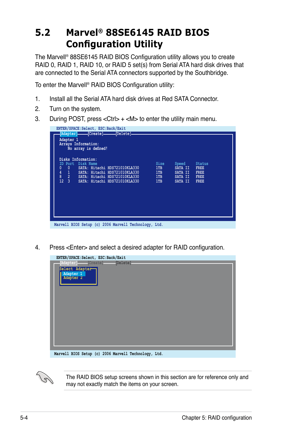 2 marvel® 88se6145 raid bios configuration utility, Marvel, 88se6145 raid bios configuration utility -4 | 2 marvel | Asus TW300-E5/PI4 User Manual | Page 114 / 174