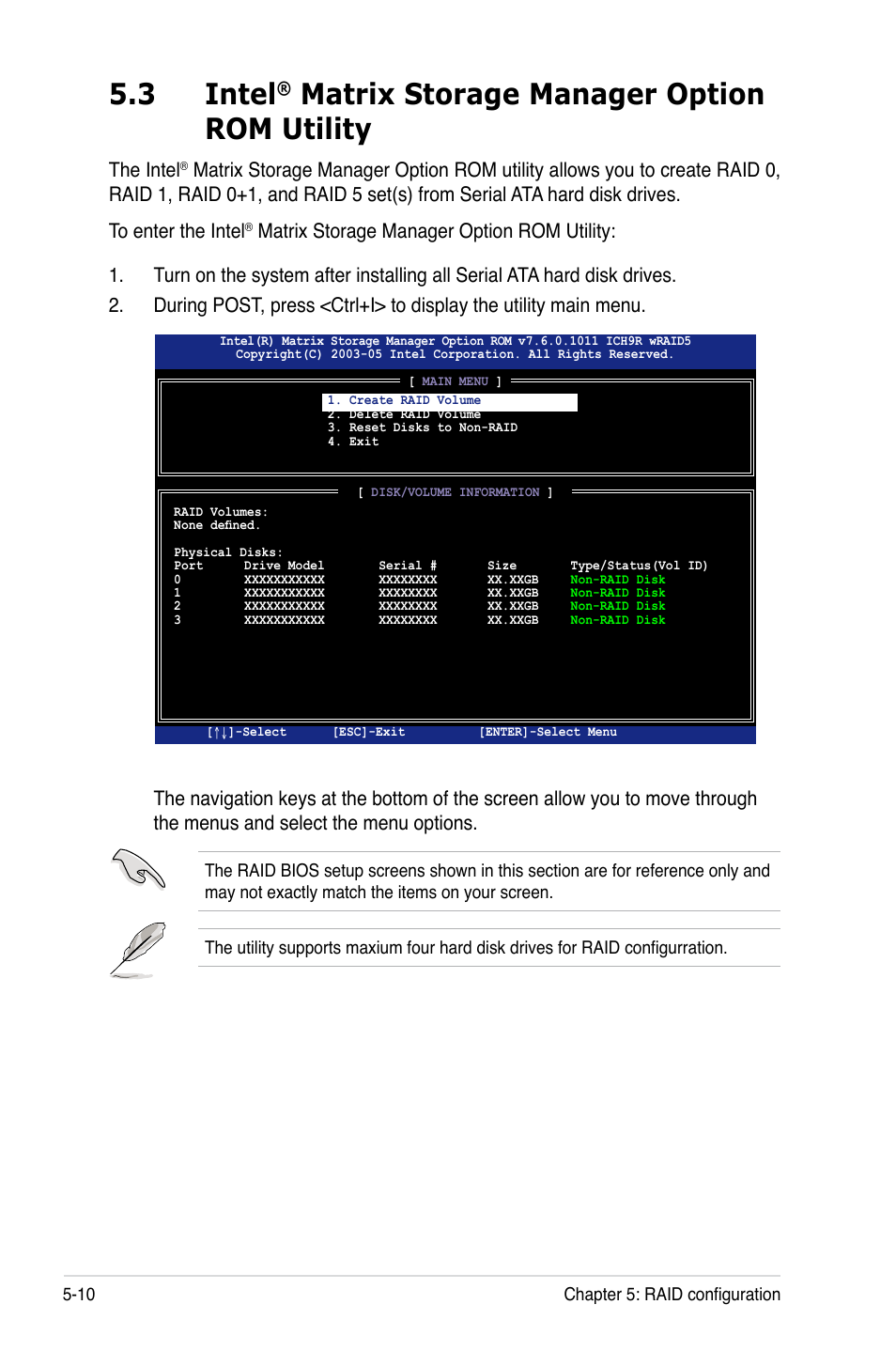 3 intel® matrix storage manager option rom utility, Intel, Matrix storage manager option rom utility -10 | 3 intel, Matrix storage manager option rom utility, The intel | Asus TW300-E5/PI4 User Manual | Page 120 / 174