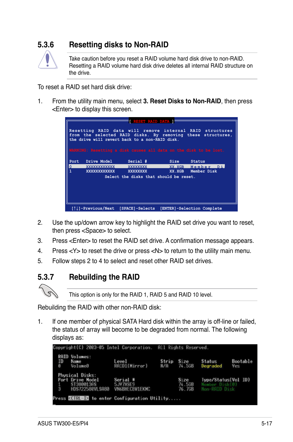 6 resetting disks to non-raid, 7 rebuilding the raid, Resetting disks to non-raid -17 | Rebuilding the raid -17 | Asus TW300-E5/PI4 User Manual | Page 127 / 174