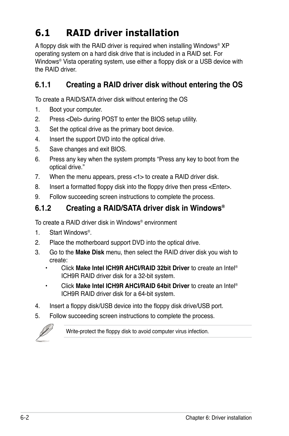 1 raid driver installation, 2 creating a raid/sata driver disk in windows, Raid driver installation -2 6.1.1 | Creating a raid/sata driver disk in windows | Asus TW300-E5/PI4 User Manual | Page 134 / 174