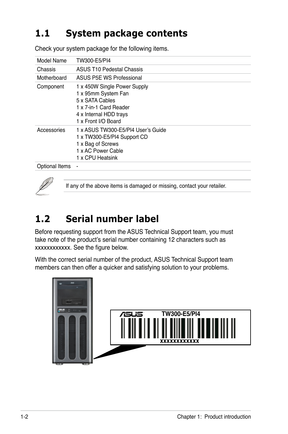 1 system package contents, 2 serial number label, System package contents -2 | Serial number label -2 | Asus TW300-E5/PI4 User Manual | Page 14 / 174