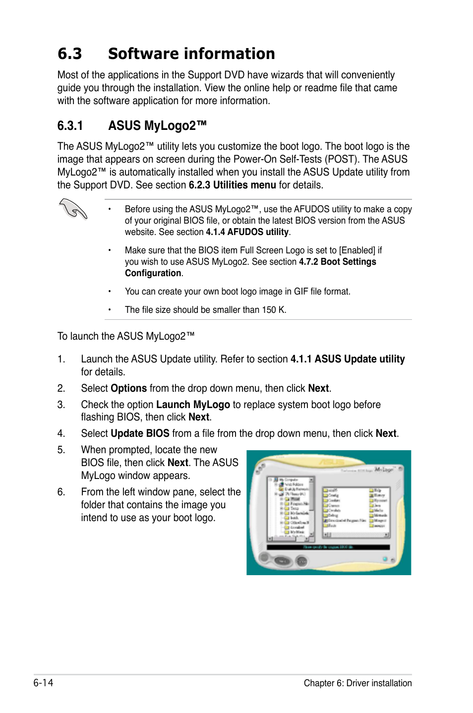 3 software information, 1 asus mylogo2, Software information -14 6.3.1 | Asus mylogo2™ -14 | Asus TW300-E5/PI4 User Manual | Page 146 / 174