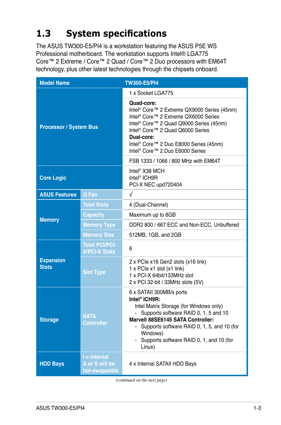 3 system specifications, System specifications -3 | Asus TW300-E5/PI4 User Manual | Page 15 / 174