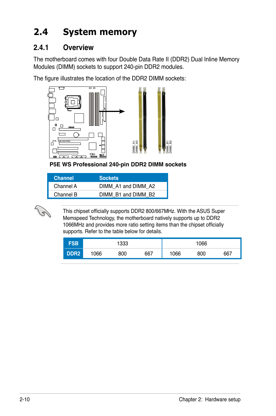 4 system memory, 1 overview, System memory -10 2.4.1 | Overview -10 | Asus TW300-E5/PI4 User Manual | Page 30 / 174