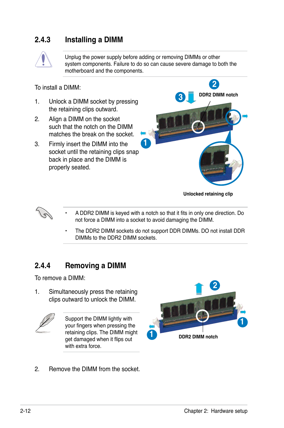 3 installing a dimm, 4 removing a dimm, Installing a dimm -12 | Removing a dimm -12 | Asus TW300-E5/PI4 User Manual | Page 32 / 174