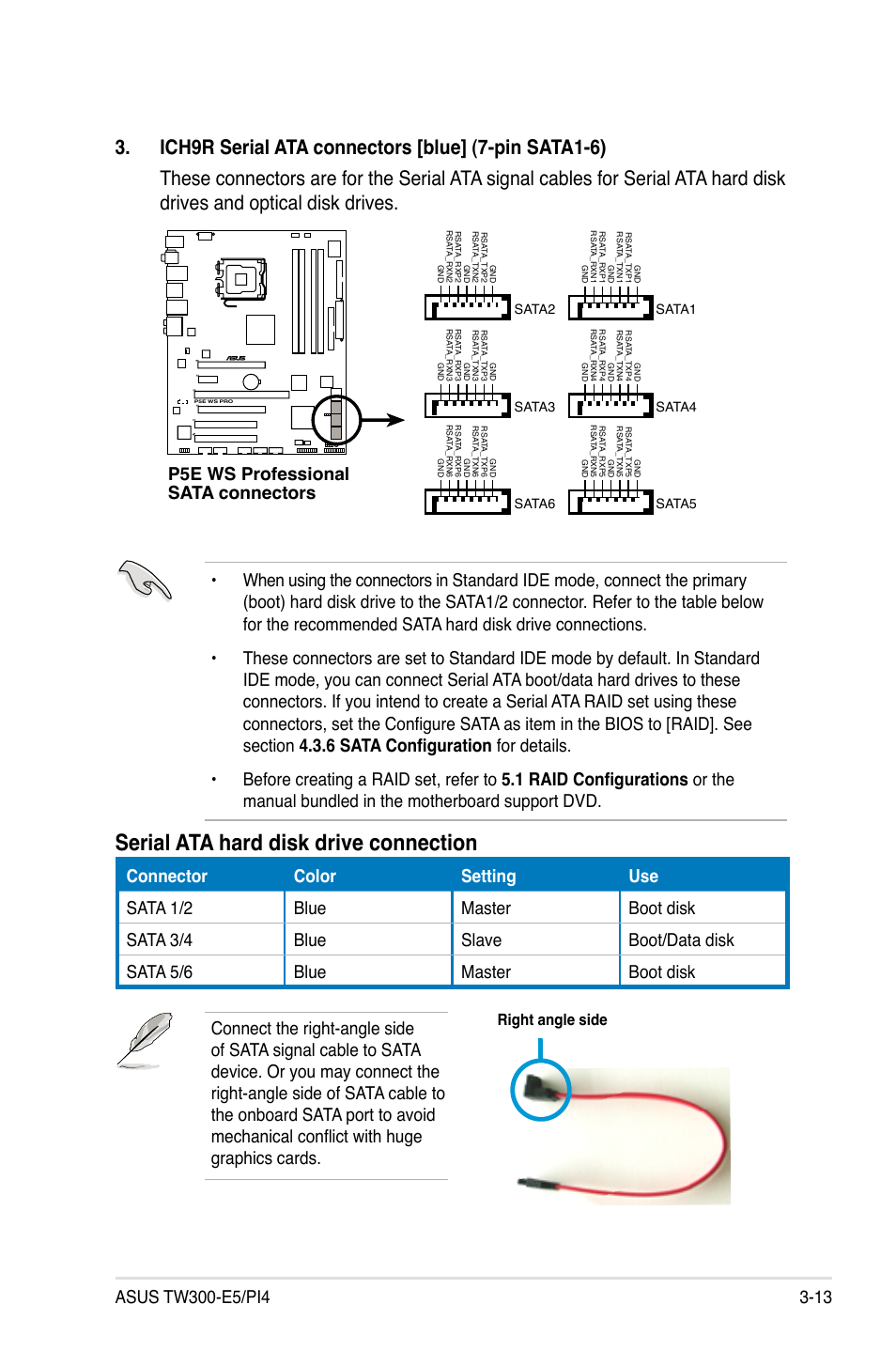 Serial ata hard disk drive connection, P5e ws professional sata connectors, Right angle side | Asus TW300-E5/PI4 User Manual | Page 59 / 174