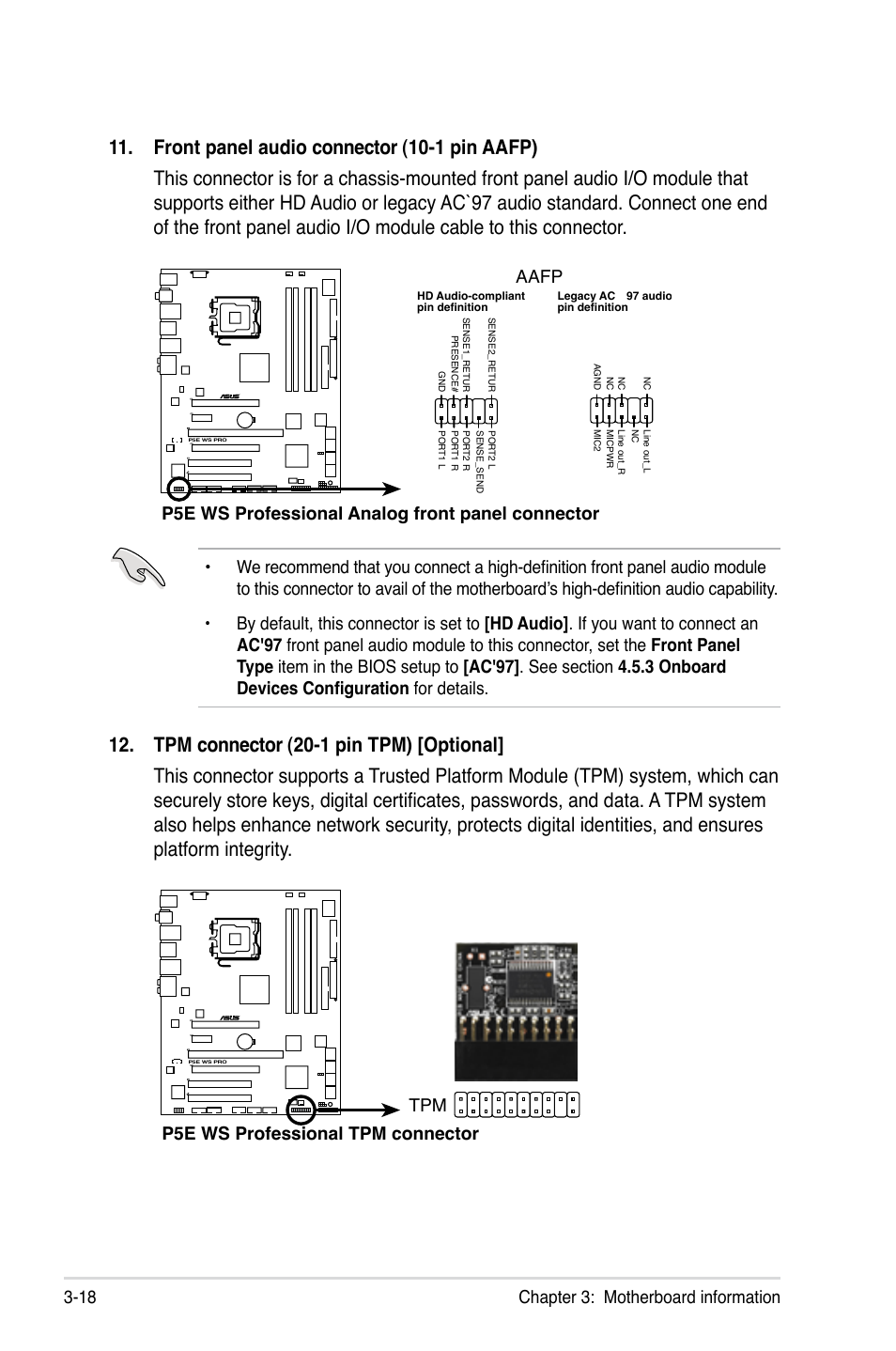 Chapter 3: motherboard information 3-18, P5e ws professional tpm connector tpm | Asus TW300-E5/PI4 User Manual | Page 64 / 174