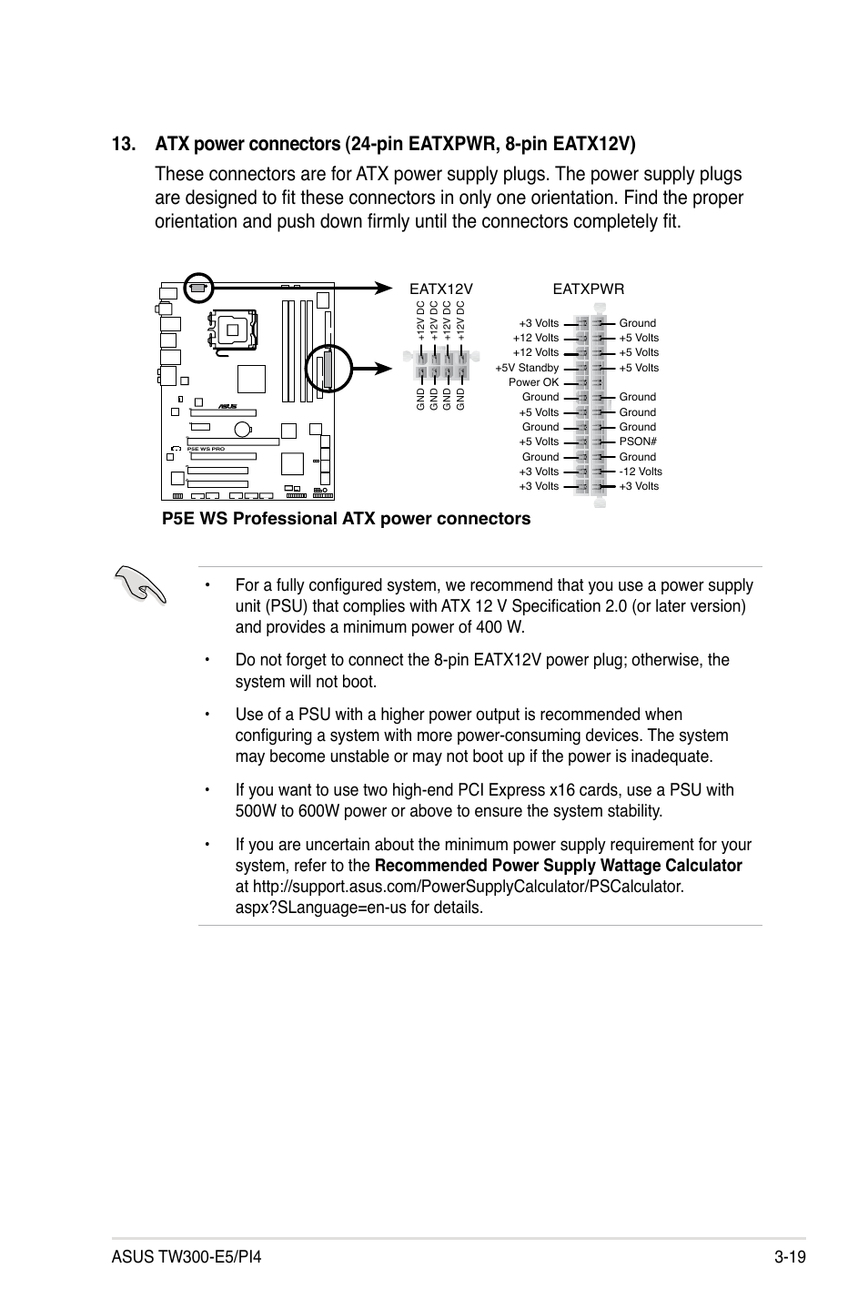 P5e ws professional atx power connectors | Asus TW300-E5/PI4 User Manual | Page 65 / 174