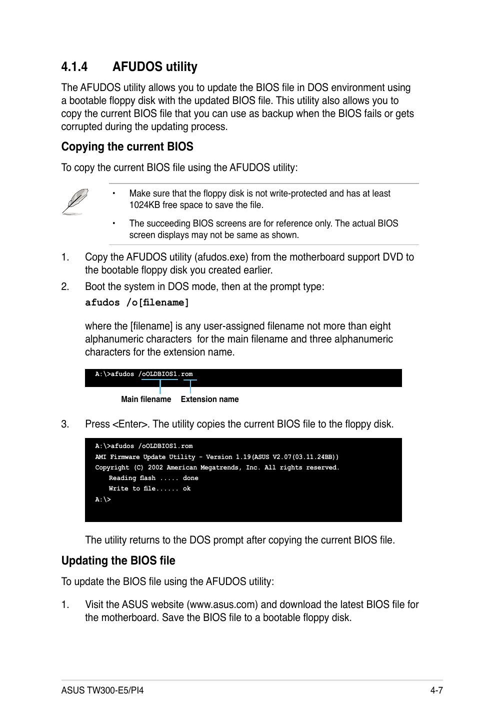 4 afudos utility, Afudos utility -7, Copying the current bios | Updating the bios file | Asus TW300-E5/PI4 User Manual | Page 75 / 174