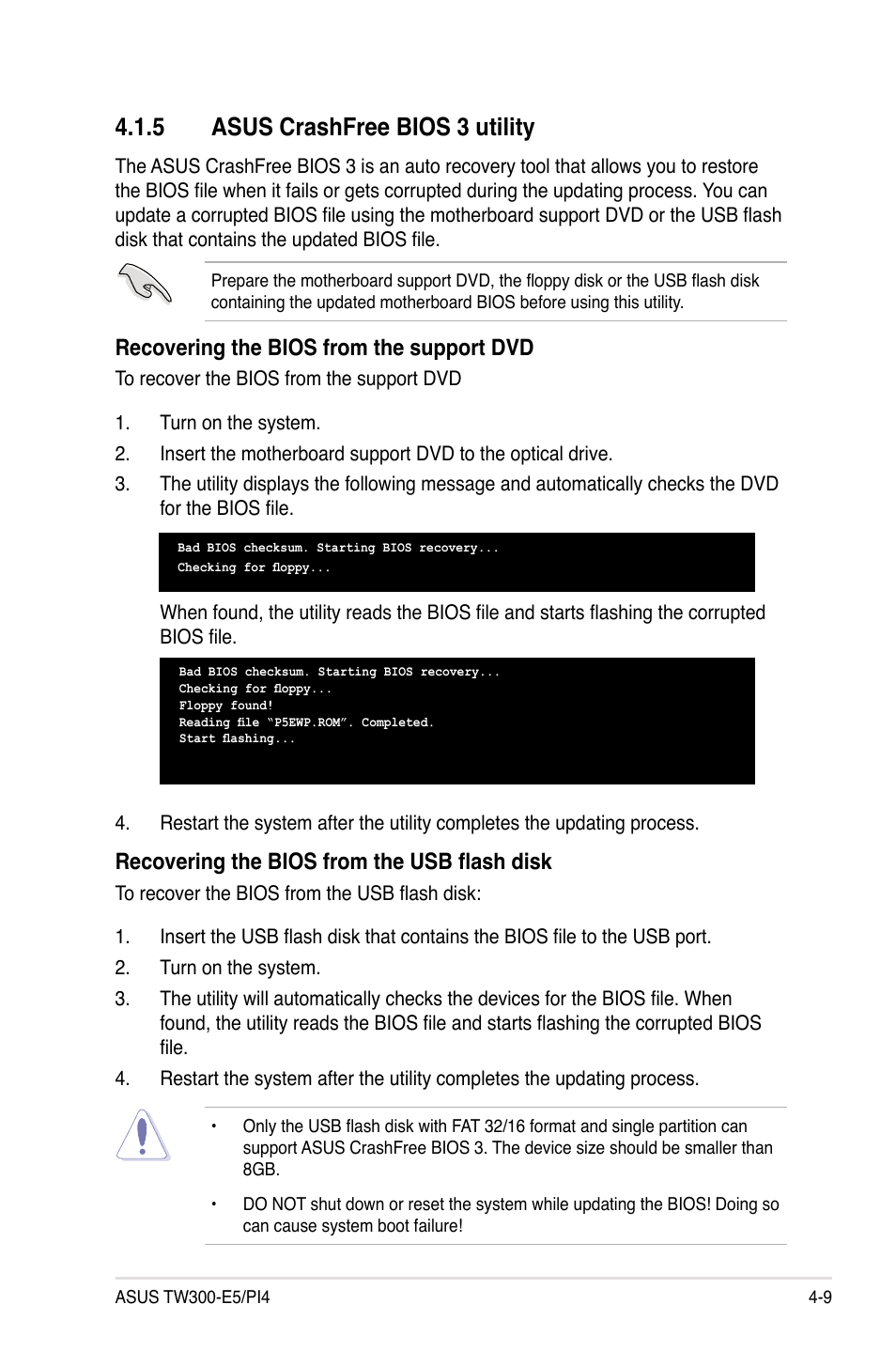 5 asus crashfree bios 3 utility, Asus crashfree bios 3 utility -9, Recovering the bios from the support dvd | Recovering the bios from the usb flash disk | Asus TW300-E5/PI4 User Manual | Page 77 / 174