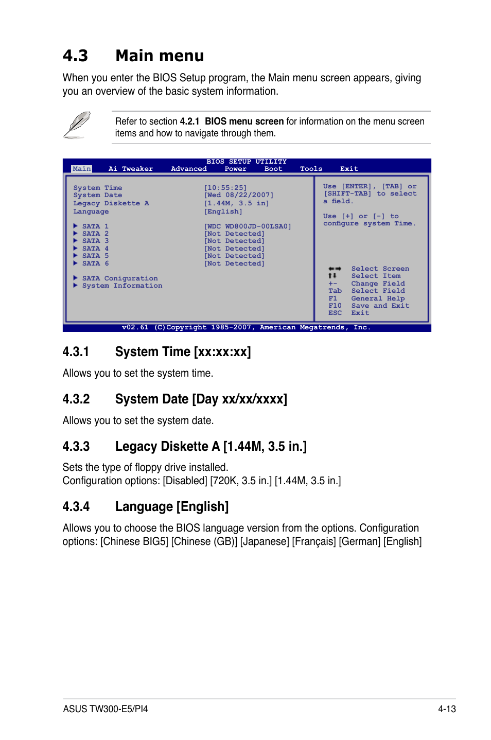 3 main menu, 1 system time [xx:xx:xx, 2 system date [day xx/xx/xxxx | 3 legacy diskette a [1.44m, 3.5 in, 4 language [english, Main menu -13 4.3.1, System time -13, System date -13, Legacy diskette a -13, Language -13 | Asus TW300-E5/PI4 User Manual | Page 81 / 174