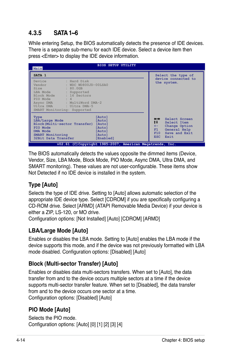 5 sata 1~6, Sata 1~6 -14, Type [auto | Lba/large mode [auto, Block (multi-sector transfer) [auto, Pio mode [auto | Asus TW300-E5/PI4 User Manual | Page 82 / 174