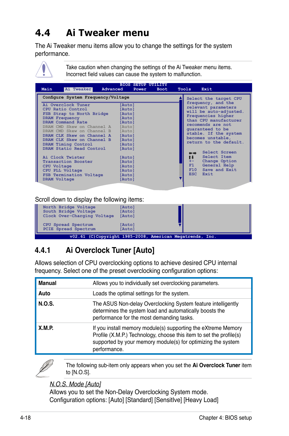 4 ai tweaker menu, 1 ai overclock tuner [auto, Ai tweaker menu -18 4.4.1 | Ai overclock tuner -18, Scroll down to display the following items | Asus TW300-E5/PI4 User Manual | Page 86 / 174