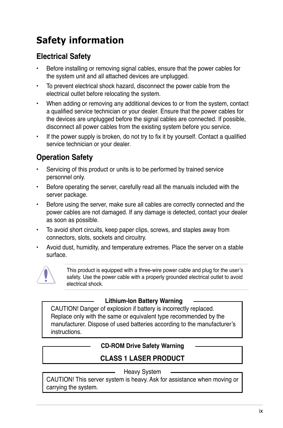 Safety information, Electrical safety, Operation safety | Asus TW300-E5/PI4 User Manual | Page 9 / 174