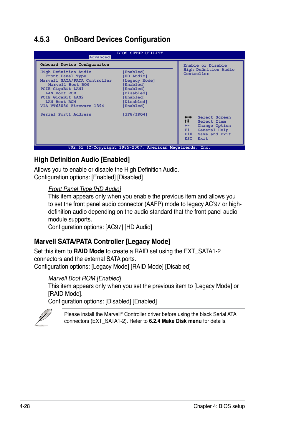 3 onboard devices configuration, Onboard devices configuration -28, High definition audio [enabled | Marvell sata/pata controller [legacy mode | Asus TW300-E5/PI4 User Manual | Page 96 / 174