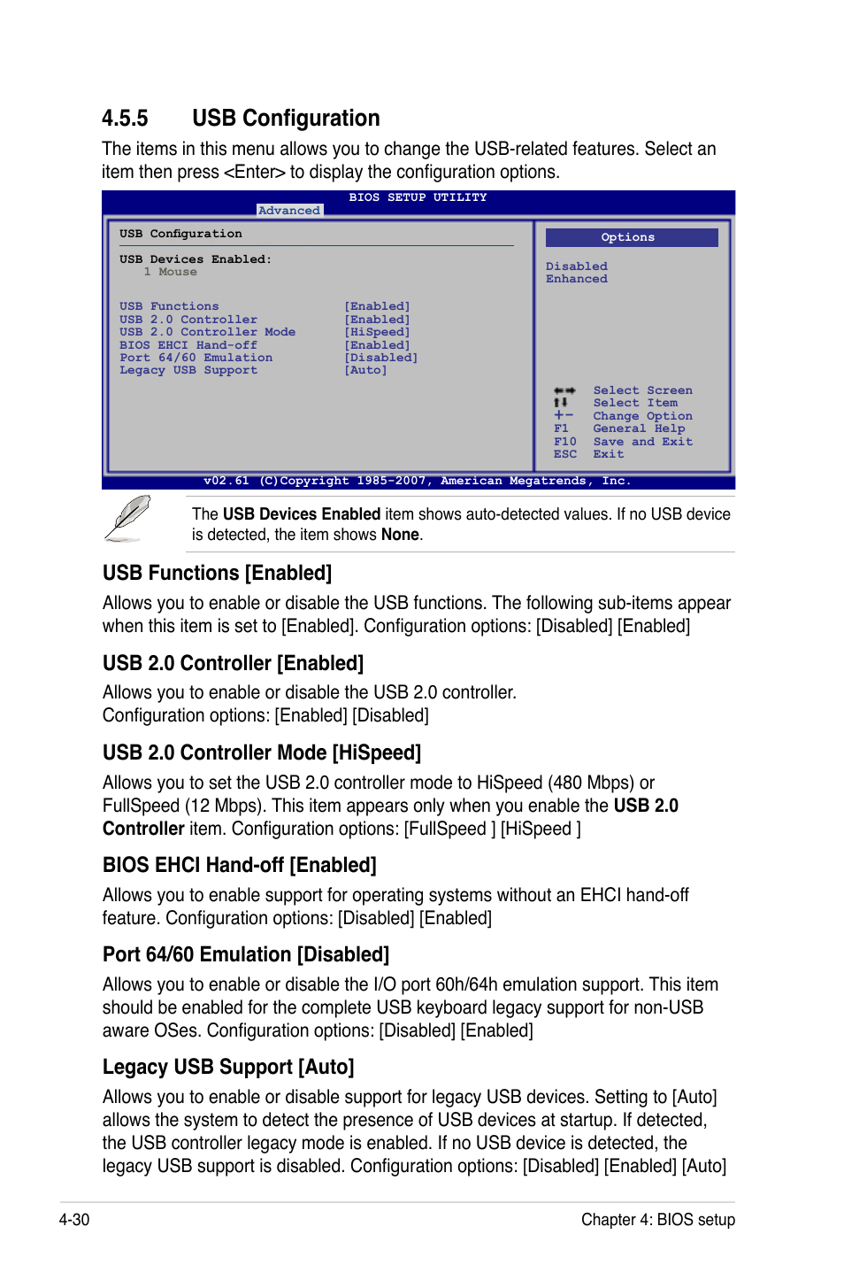 5 usb configuration, Usb configuration -30, Usb functions [enabled | Usb 2.0 controller [enabled, Usb 2.0 controller mode [hispeed, Bios ehci hand-off [enabled, Port 64/60 emulation [disabled, Legacy usb support [auto | Asus TW300-E5/PI4 User Manual | Page 98 / 174