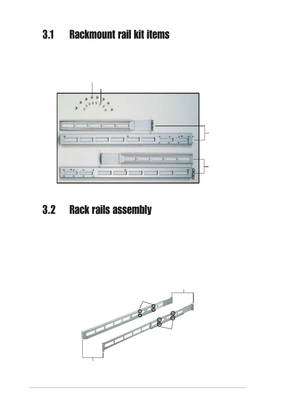 1 rackmount rail kit items, 2 rack rails assembly | Asus 1U Rackmount Chassis Kit R10-A2P4 User Manual | Page 32 / 34