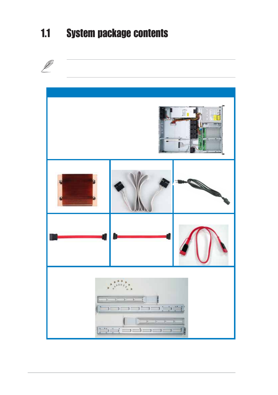 1 system package contents | Asus 1U Rackmount Chassis Kit R10-A2P4 User Manual | Page 8 / 34