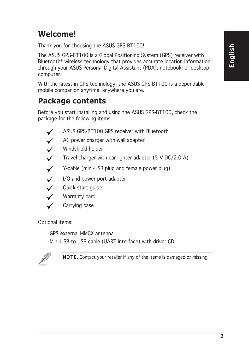 Welcome, Package contents | Asus GPS-BT100 User Manual | Page 3 / 10