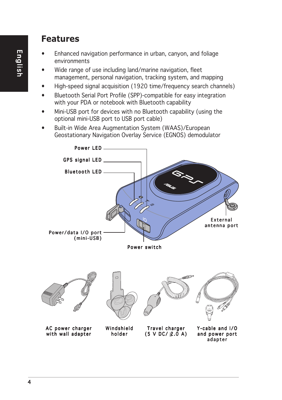 Features, Englishenglishenglishenglishenglish | Asus GPS-BT100 User Manual | Page 4 / 10