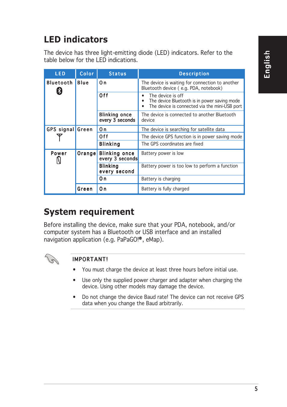 System requirement, Led indicators, Englishenglishenglishenglishenglish | Emap) | Asus GPS-BT100 User Manual | Page 5 / 10