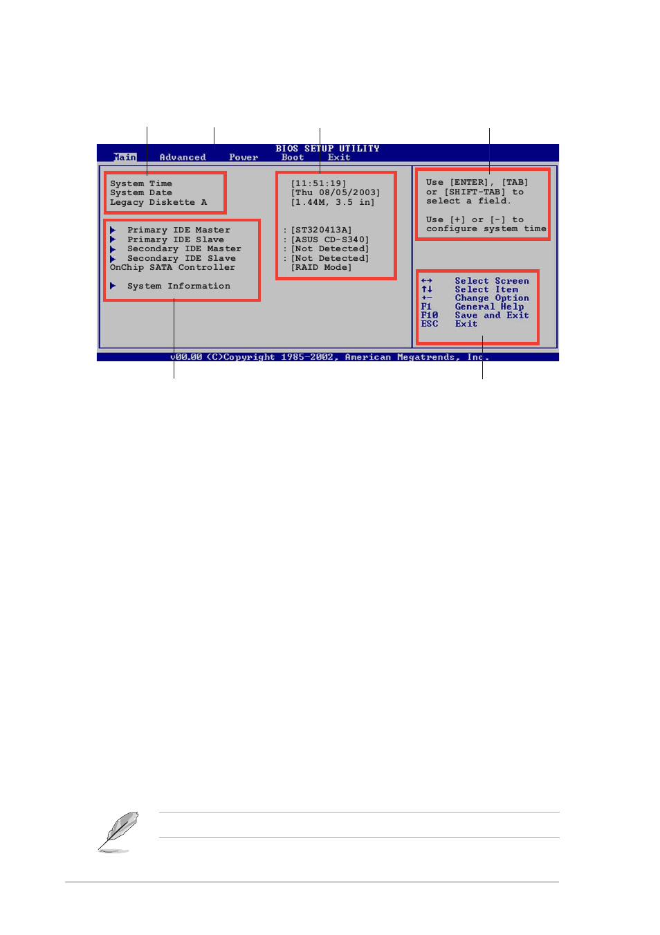 2 menu bar, 1 bios menu screen, 3 navigation keys | Asus P4S800-MX SE User Manual | Page 46 / 84