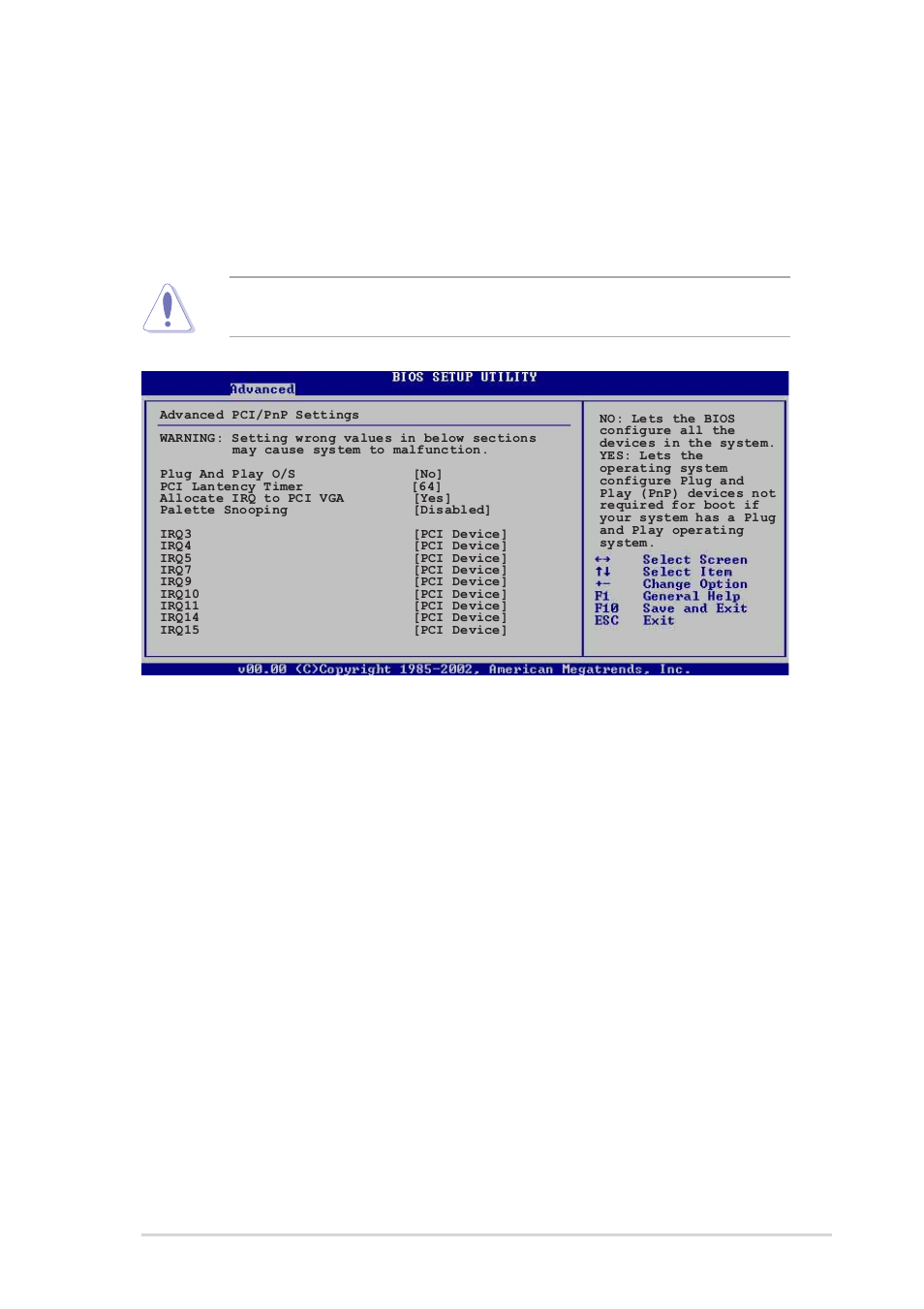 5 pci pnp, Plug and play o/s [no, Pci latency timer [64 | Allocate irq to pci vga [yes, Pallete snooping [disabled | Asus P4S800-MX SE User Manual | Page 57 / 84