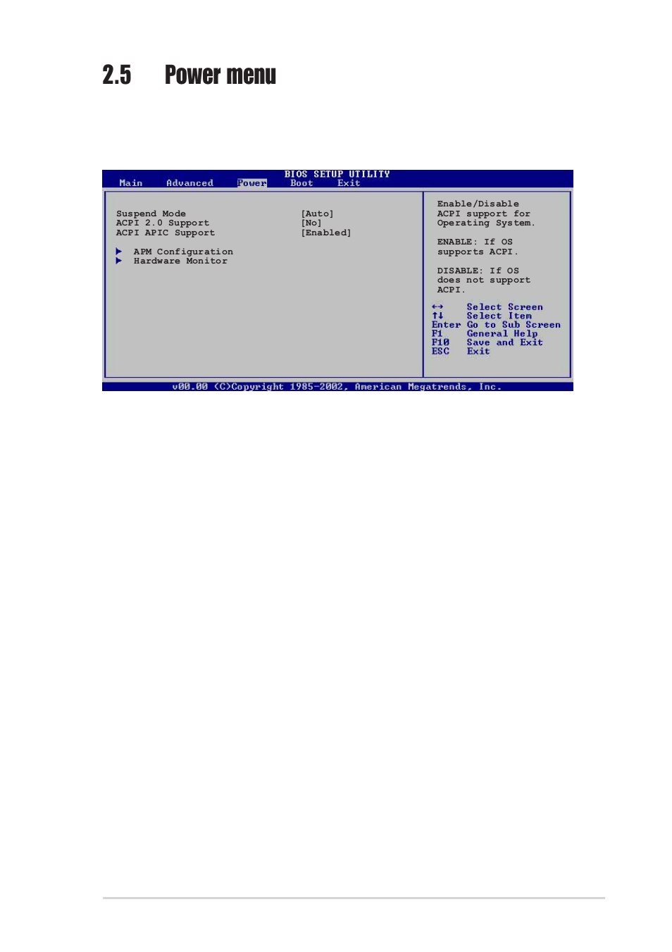 5 power menu, 1 suspend mode [auto, 2 acpi 2.0 support [no | 3 acpi apic support [enabled | Asus P4S800-MX SE User Manual | Page 59 / 84