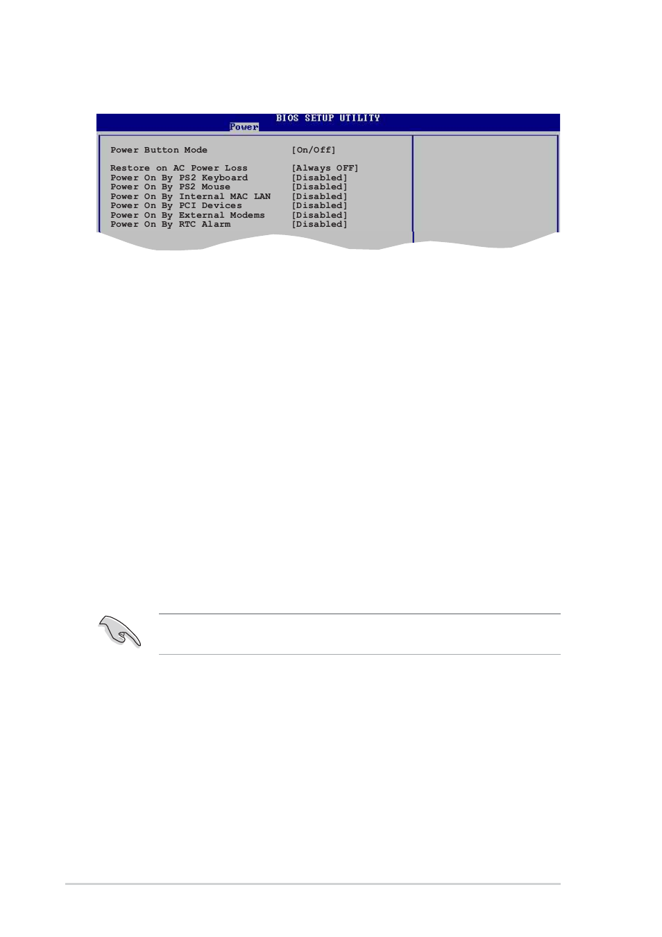 4 apm configuration, 26 chapter 2: bios information, Power button mode [on/off | Restore on ac power loss [always off, Power on by ps/2 keyboard [disabled, Power on by ps/2 mouse [disabled, Power on by internal mac lan [disabled, Power on by pci devices [disabled | Asus P4S800-MX SE User Manual | Page 60 / 84