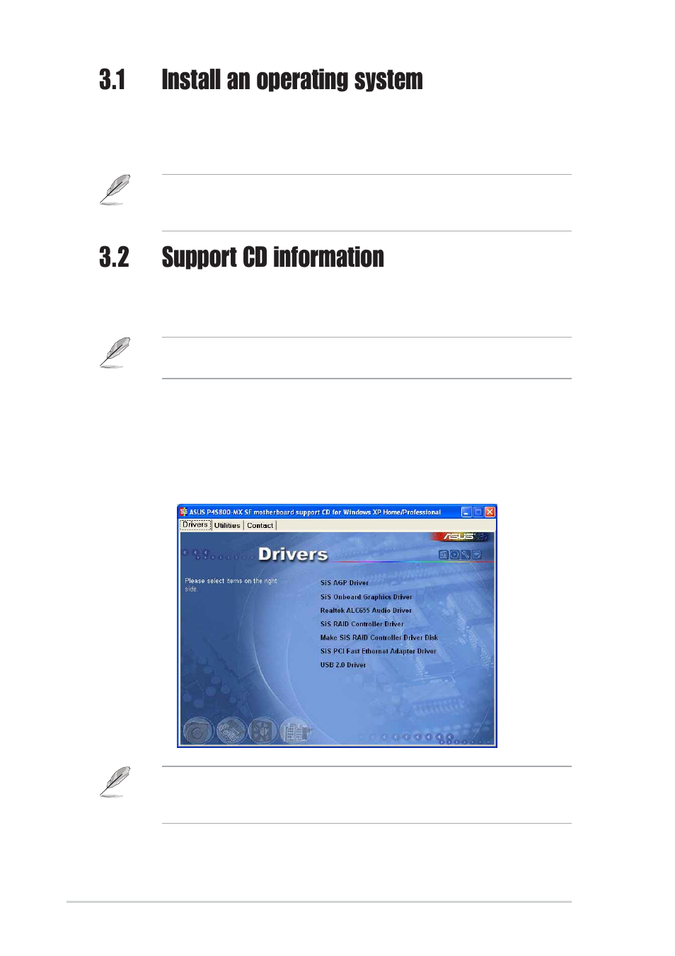 1 install an operating system, 2 support cd information, 1 running the support cd | Asus P4S800-MX SE User Manual | Page 68 / 84