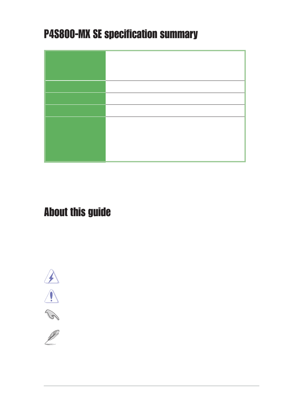 P4s800-mx se specification summary, About this guide, Conventions used in this guide | Asus P4S800-MX SE User Manual | Page 9 / 84